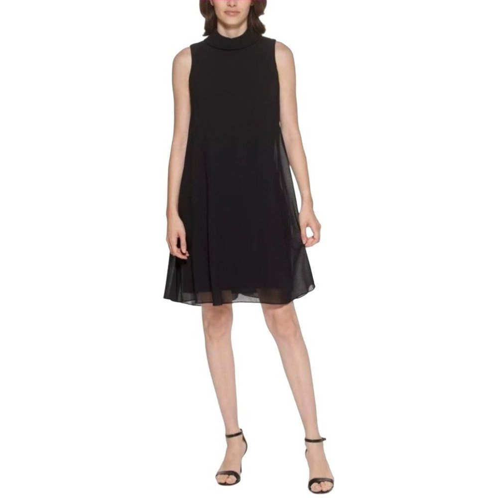 Vince Camuto Black Blue Mock-Neck Chiffon Shift Dress